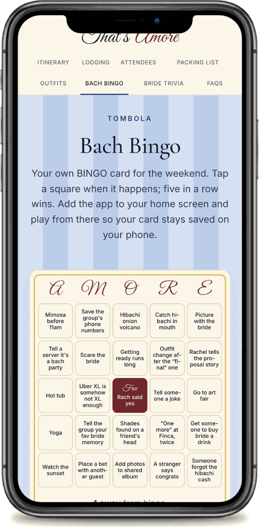 A bingo card for the weekend shown on a phone