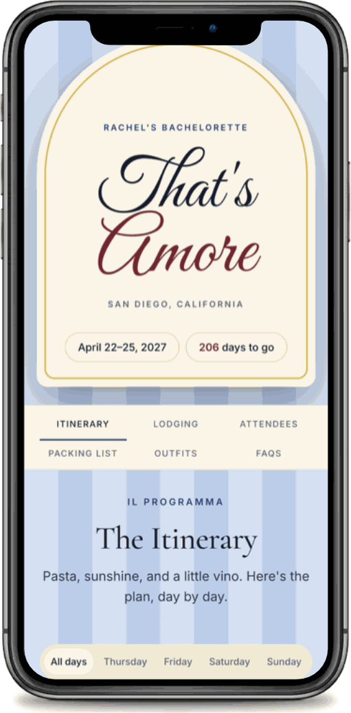 A finished trip app on a phone, showing an itinerary for Rachel&rsquo;s bachelorette in San Diego