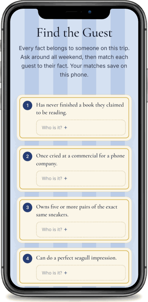 A guess-the-guest matching game shown on a phone