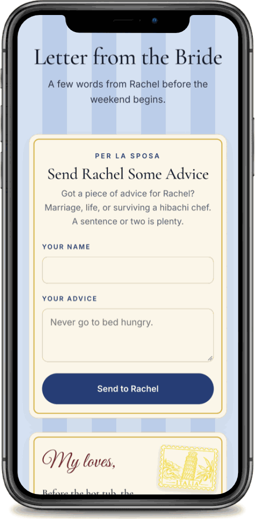 A note-to-the-bride form shown on a phone