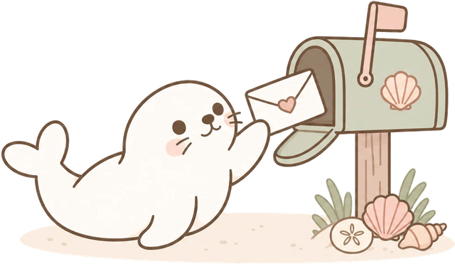 Melly the seal delivering a letter to a mailbox