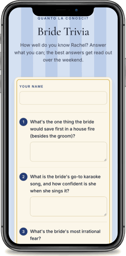 A bride trivia questionnaire shown on a phone